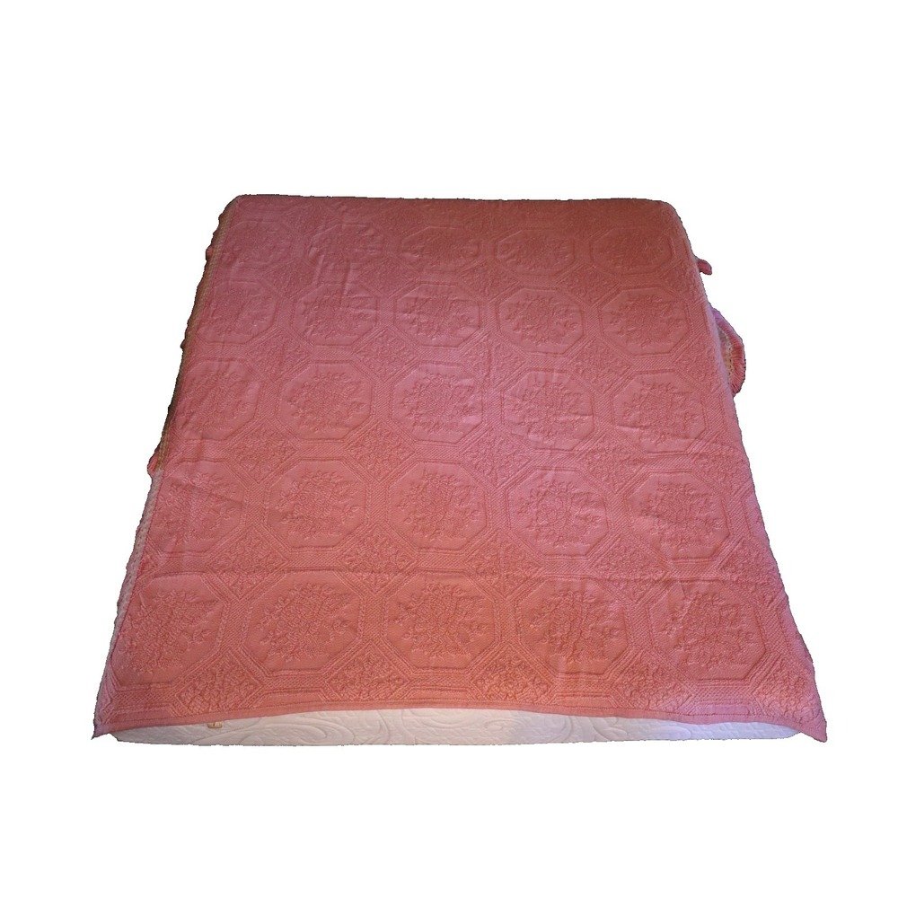 Vintage‎ San Marcos Blanket Pink Floral Geometric Fringe Knit King 94x84"